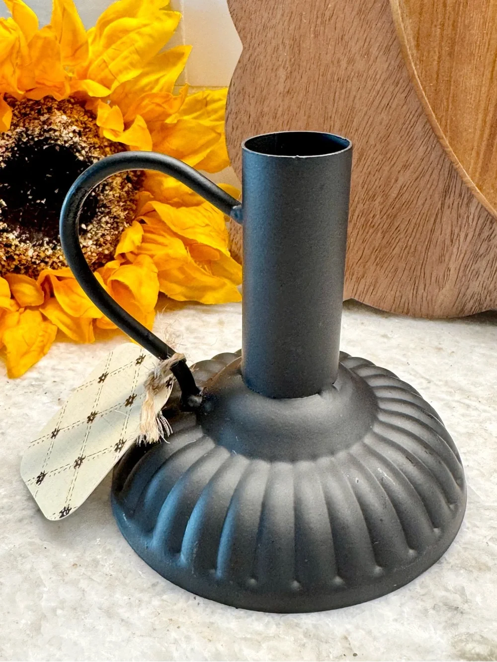 New Rustic Style Matte Black Fluted Metal Taper Candle Holder w/ Arched Handle